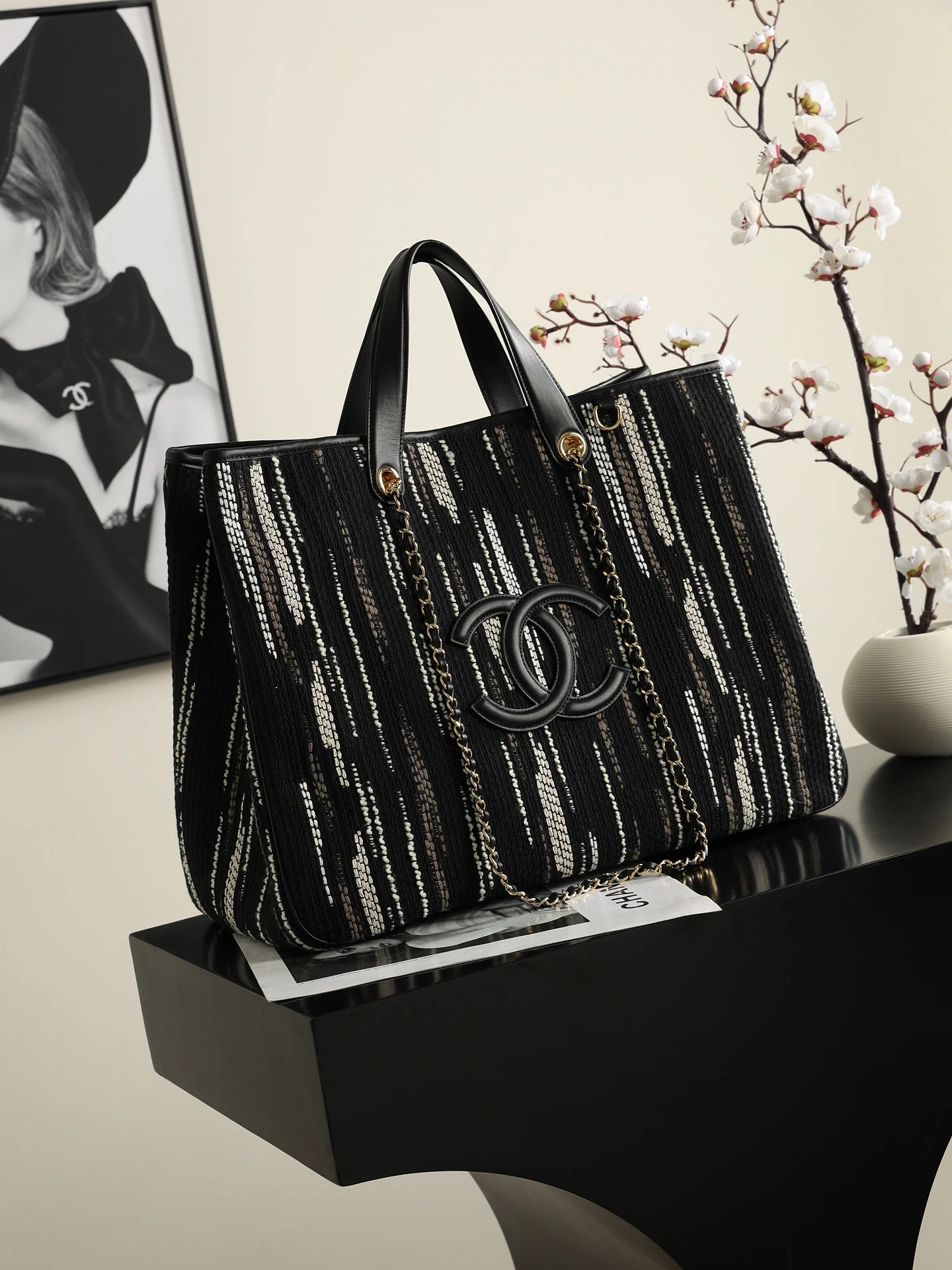 Chanel Large Shopping Bag – Black, White & Gray full view