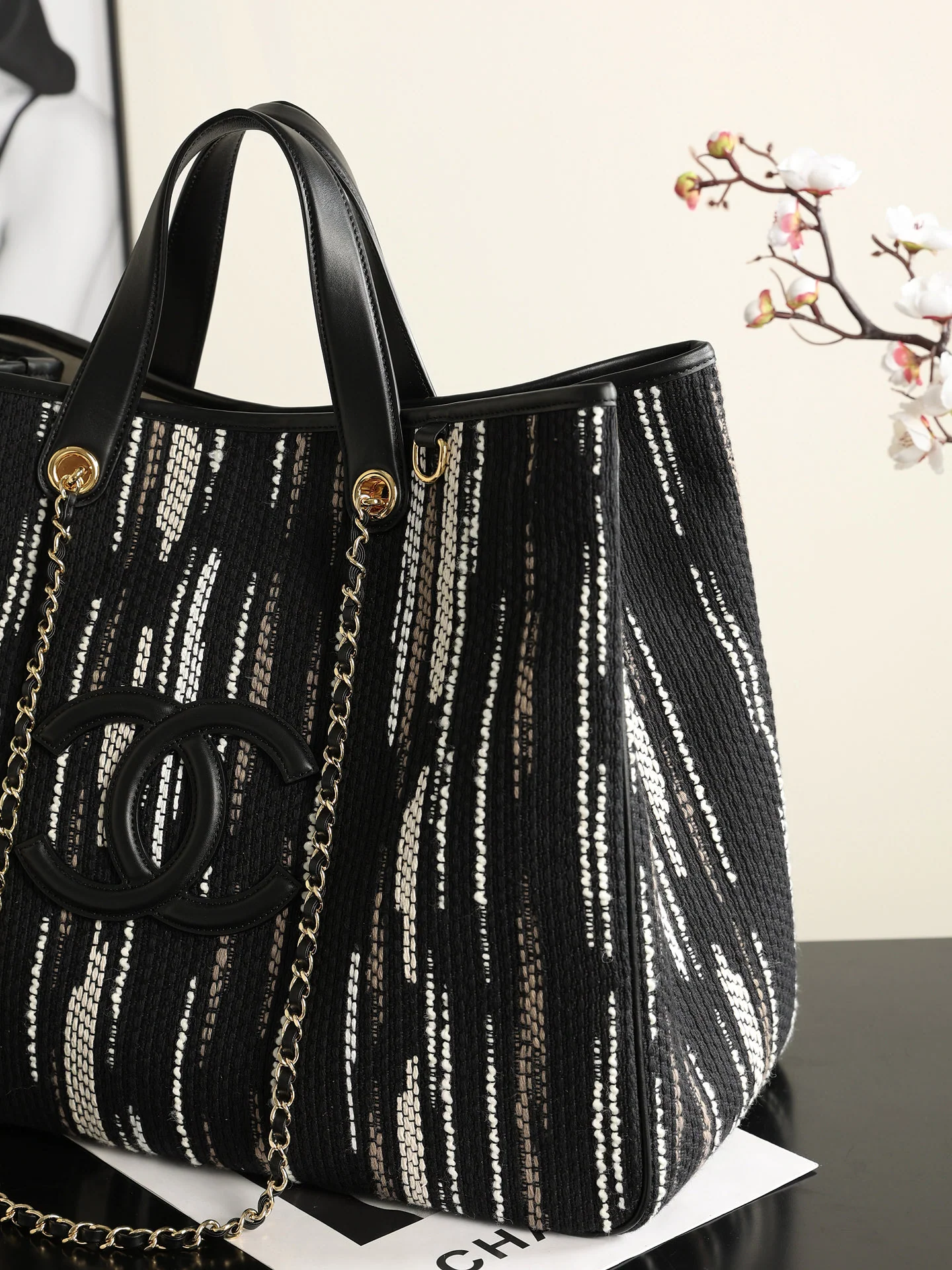 Chanel Large Shopping Bag – Black, White & Gray  hardware detail
