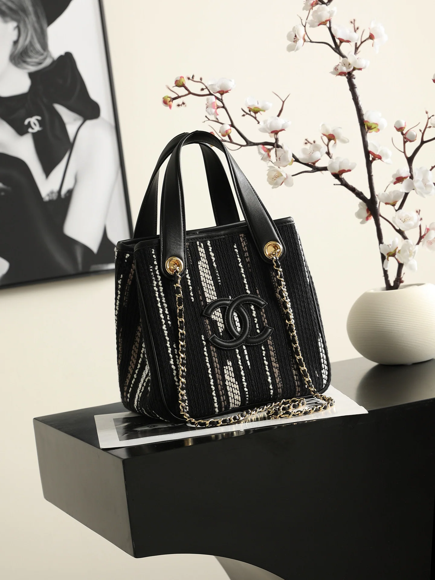 Chanel Mini Shopping Bag – Black, White & Gray | Pre-Owned Authentic