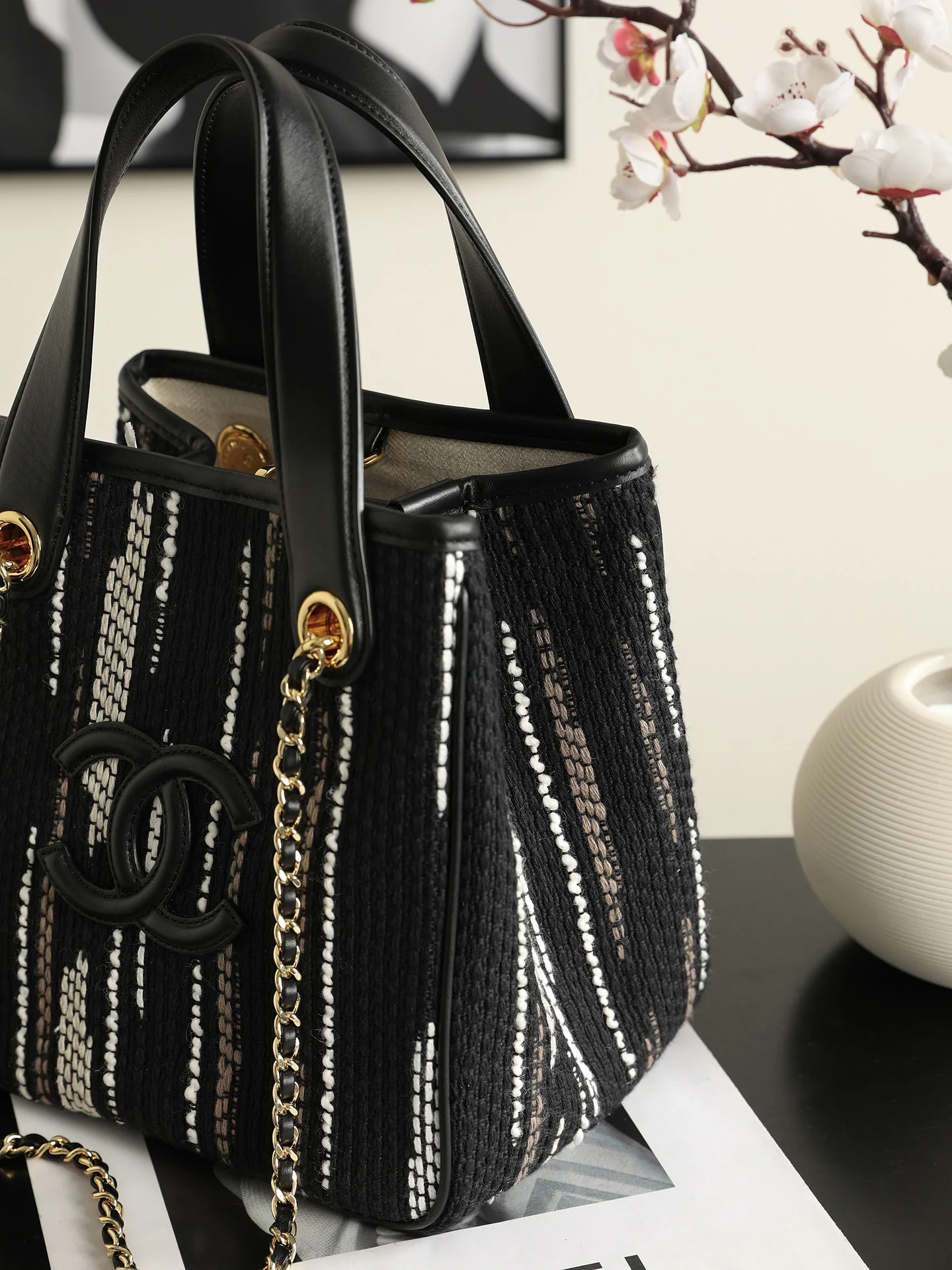 Chanel Mini Shopping Bag – Black, White & Gray | Pre-Owned Authentic