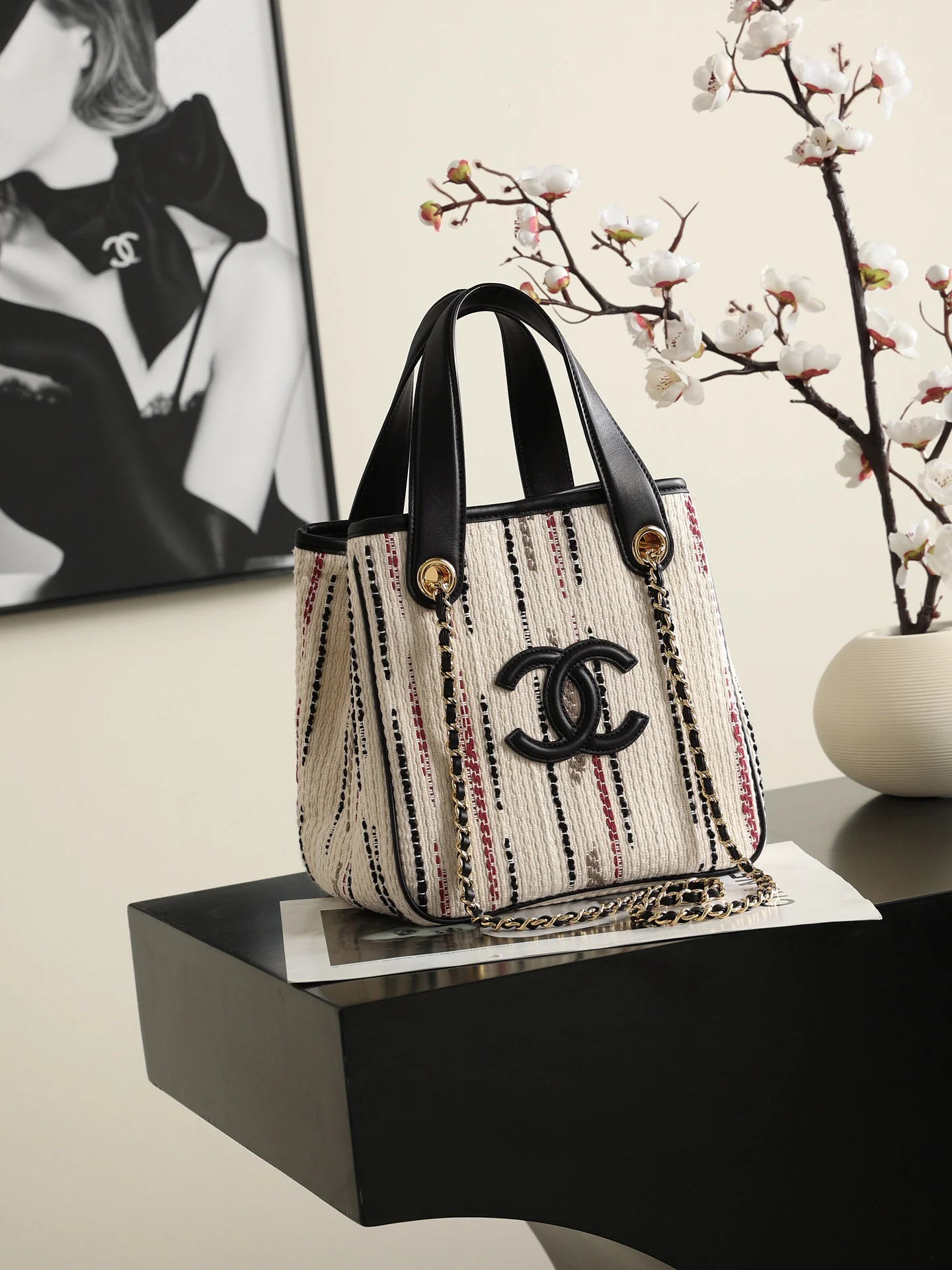 Chanel Mini Shopping Bag – Ecru, Black, Beige, & Red | Pre-Owned Authentic