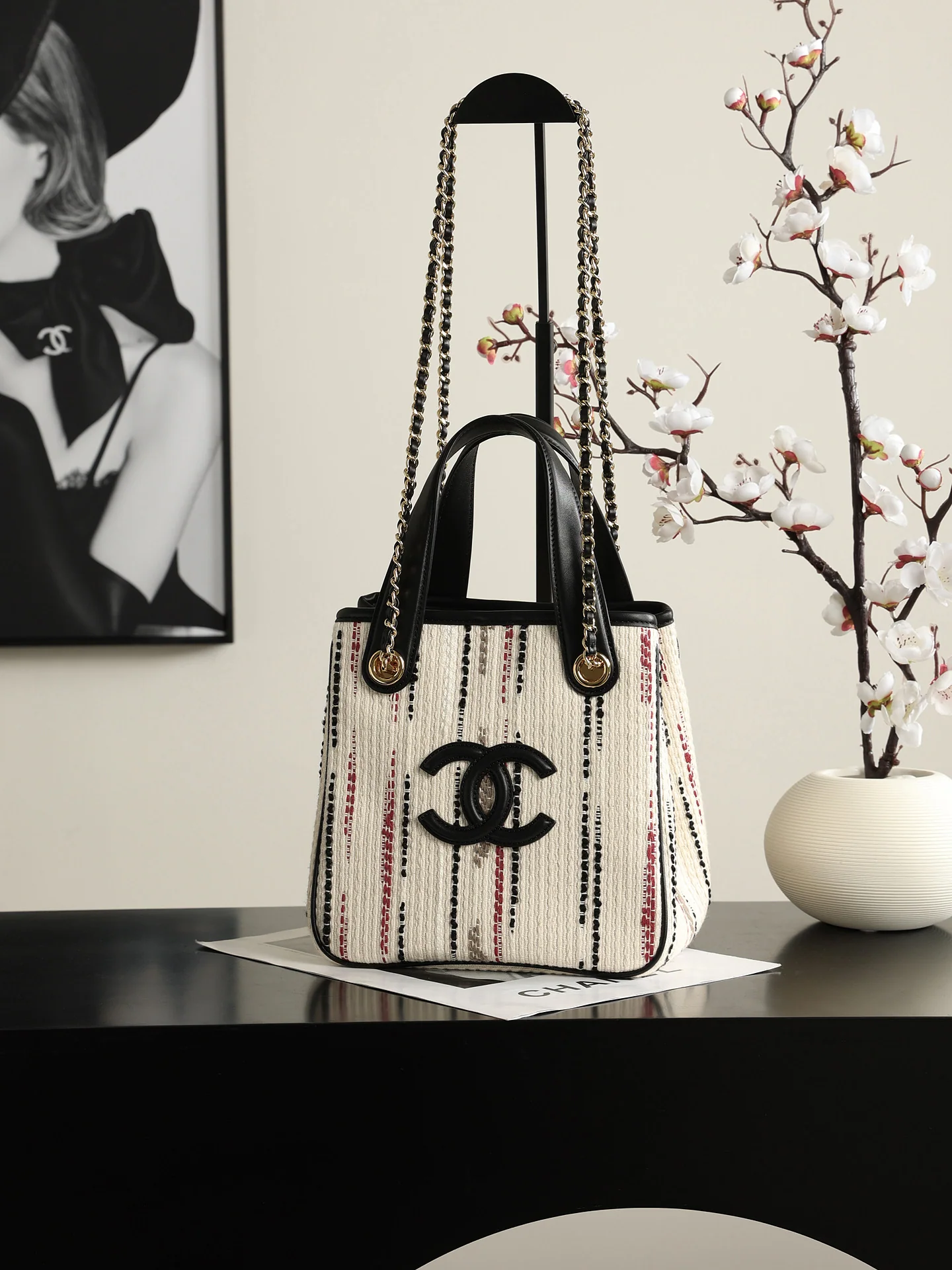 Chanel Mini Shopping Bag – Ecru, Black, Beige, & Red | Pre-Owned Authentic