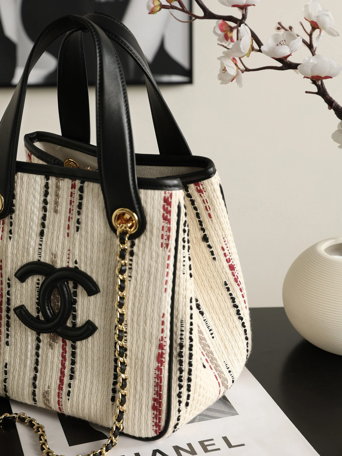 Chanel Mini Shopping Bag – Ecru, Black, Beige, & Red | Pre-Owned Authentic