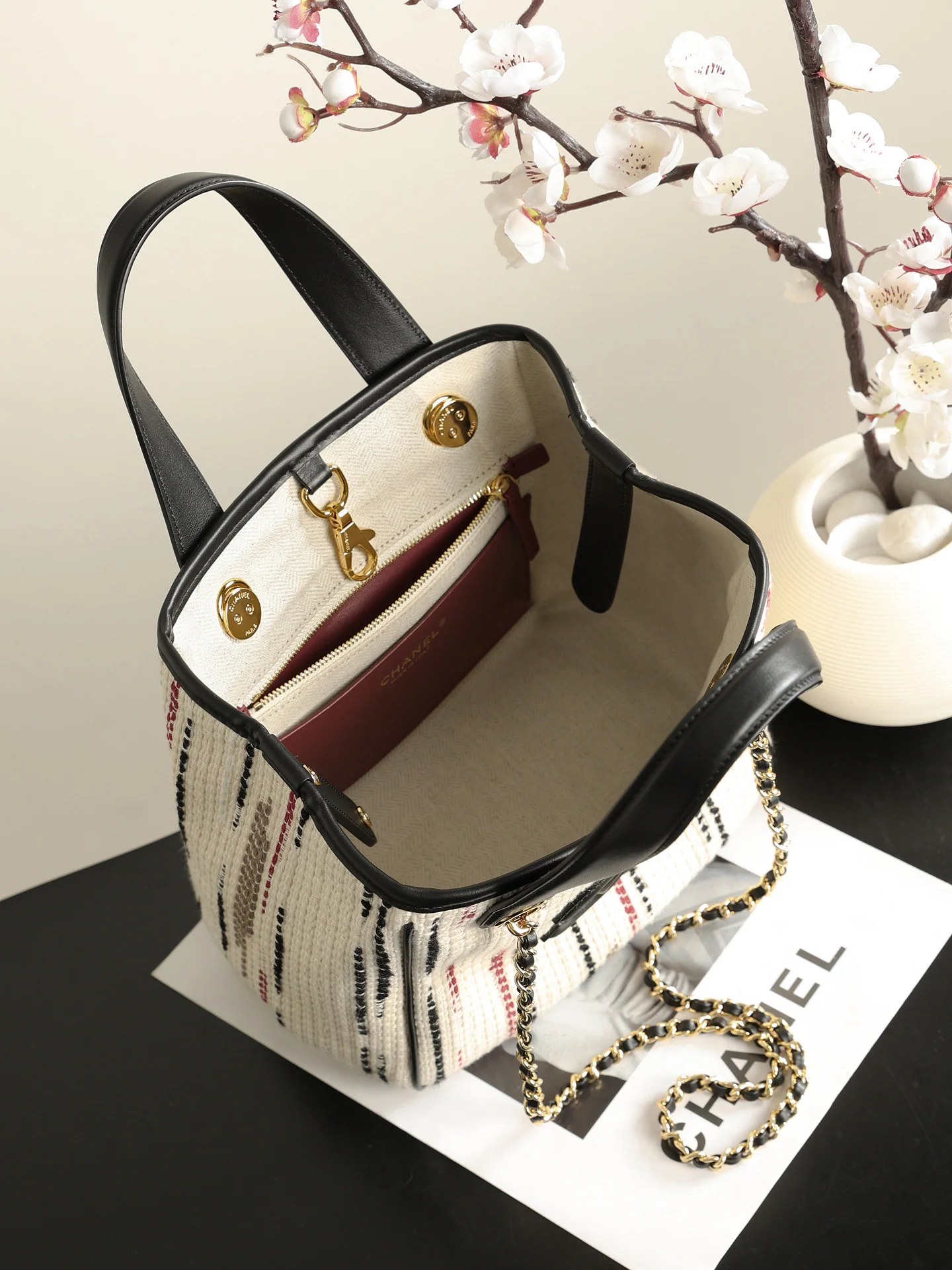 Chanel Mini Shopping Bag – Ecru, Black, Beige, & Red | Pre-Owned Authentic