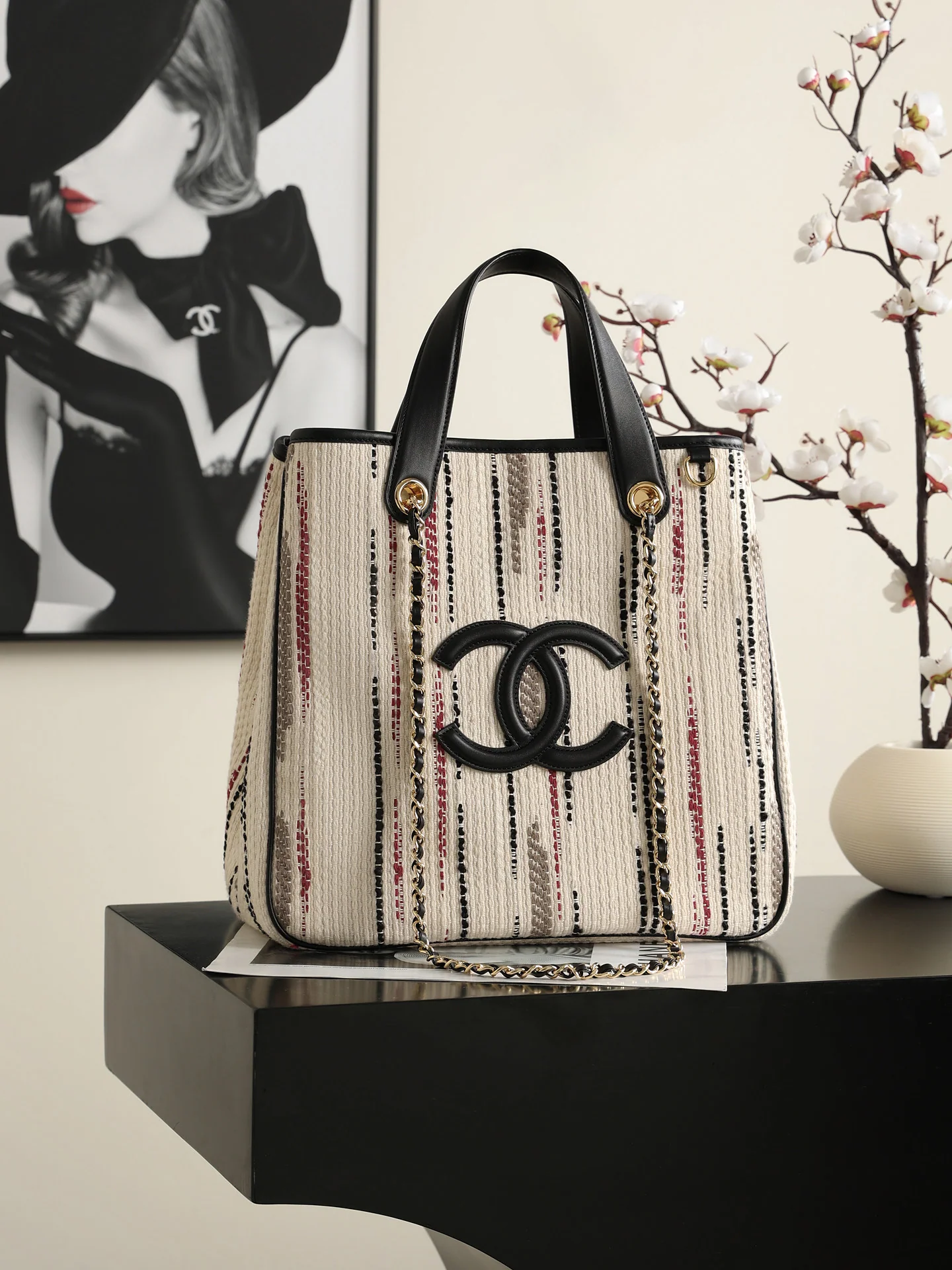 Chanel Small Shopping Bag – Ecru, Black, Beige, & Red frontview