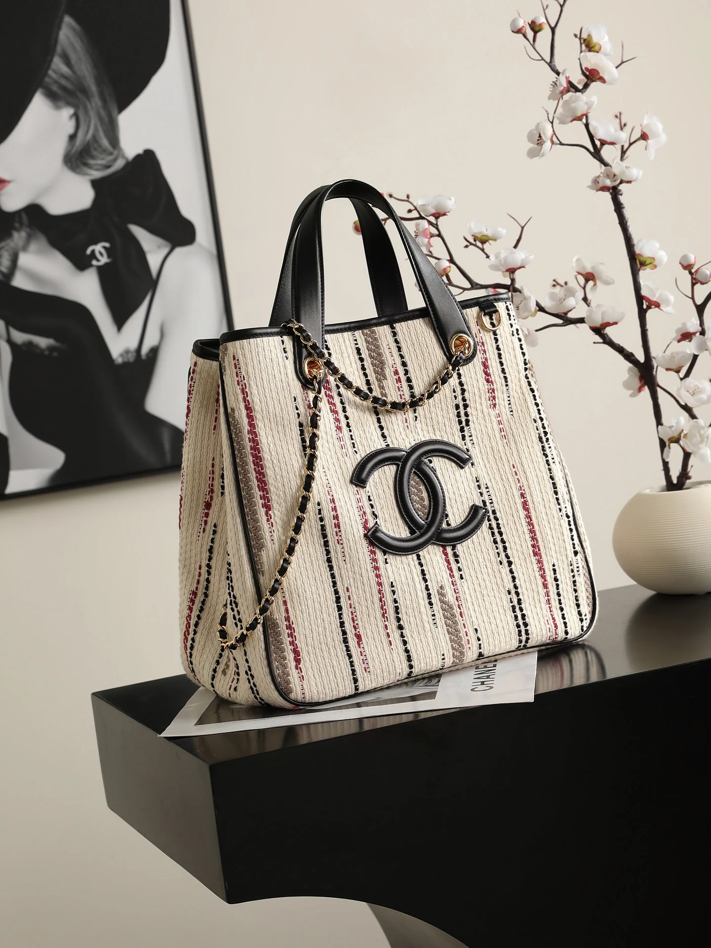 Chanel Small Shopping Bag – Ecru, Black, Beige, & Red  full view