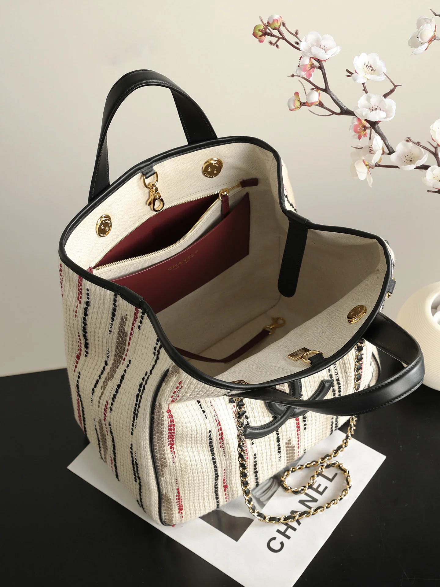 Chanel Small Shopping Bag – Ecru, Black, Beige, & Red interior view