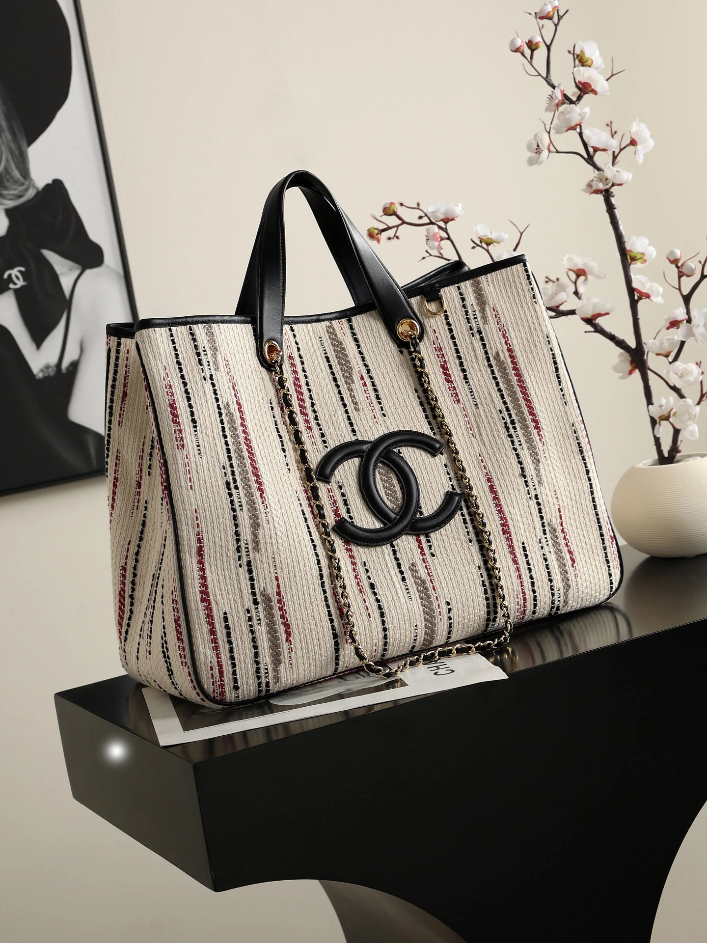 Chanel Large Shopping Bag – Ecru, Black, Beige, & Red | Pre-Owned Authentic