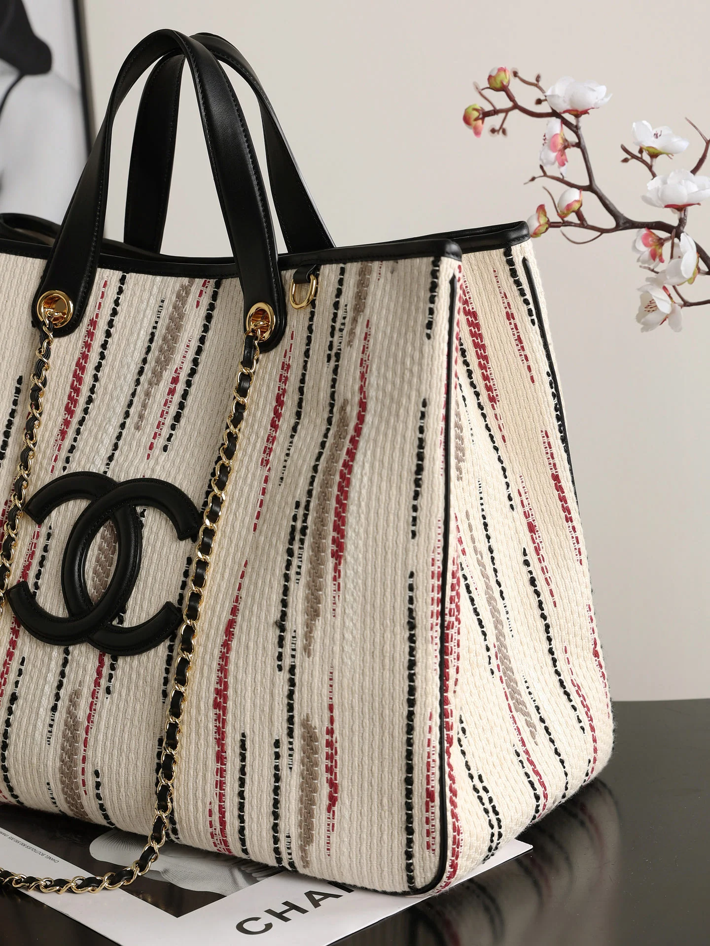 Chanel Large Shopping Bag – Ecru, Black, Beige, & Red | Pre-Owned Authentic