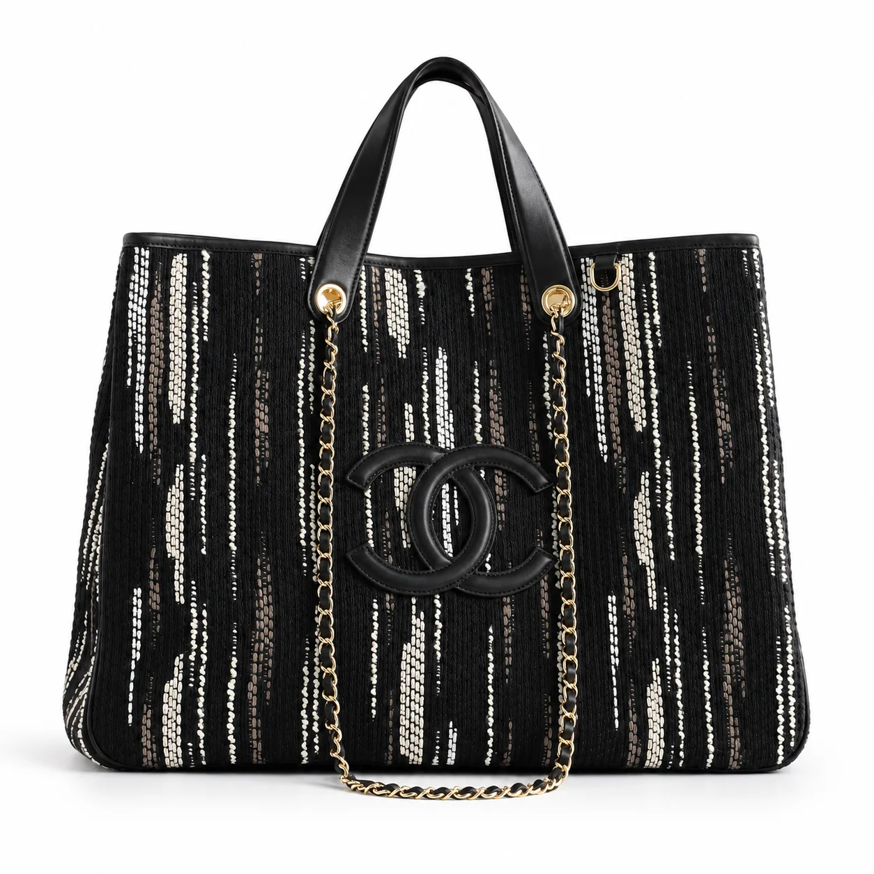 Chanel Large Shopping Bag – Black, White & Gray front view