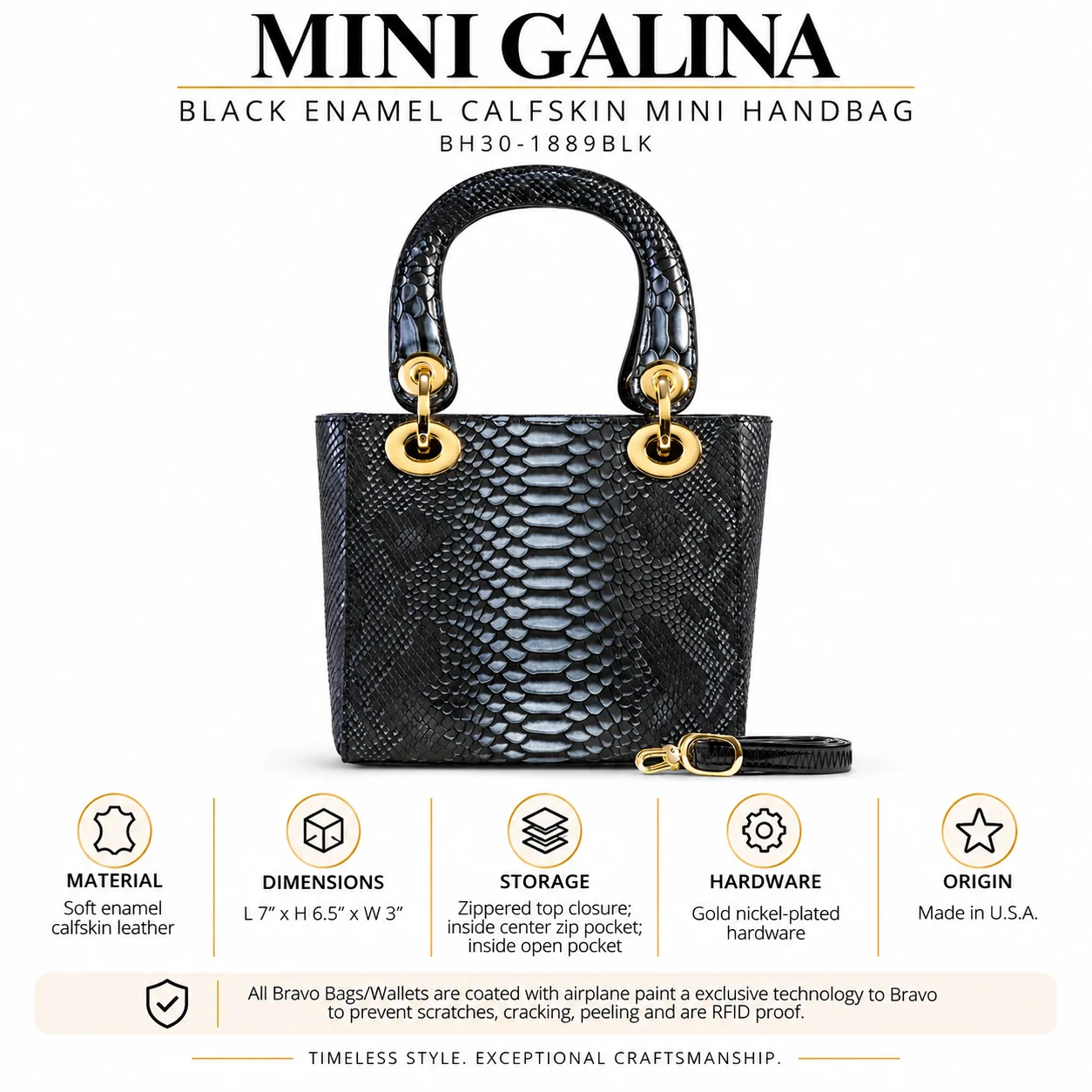 Mini Galina Black Enamel Calfskin Mini Handbag BH30-1889BLK