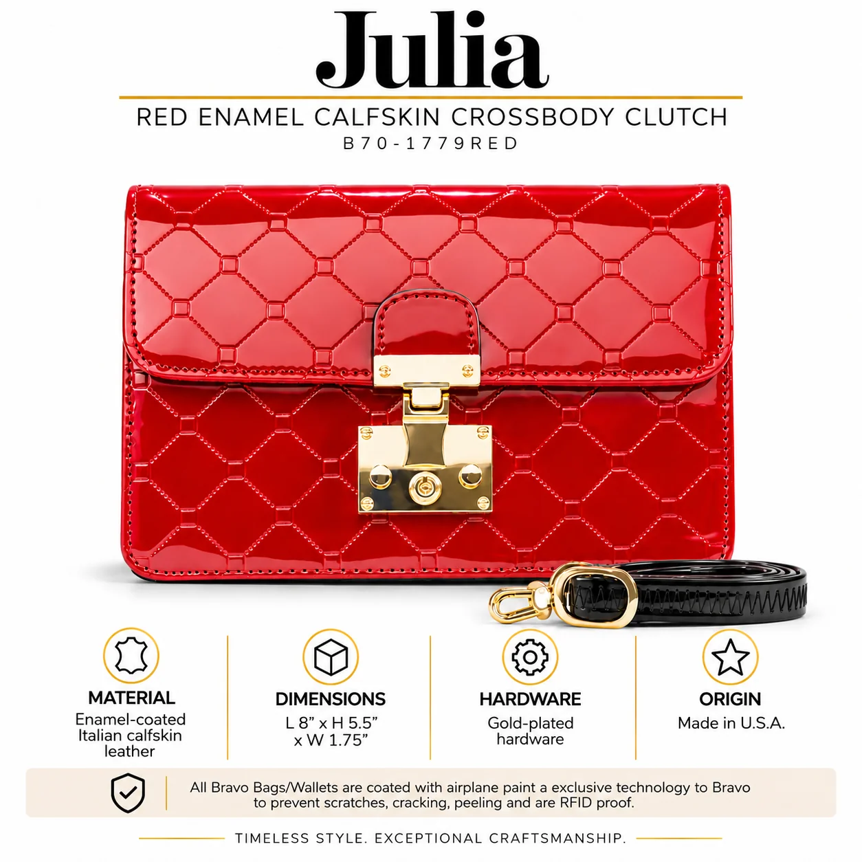 Julia Red Enamel Calfskin Crossbody Clutch B70-1779RED