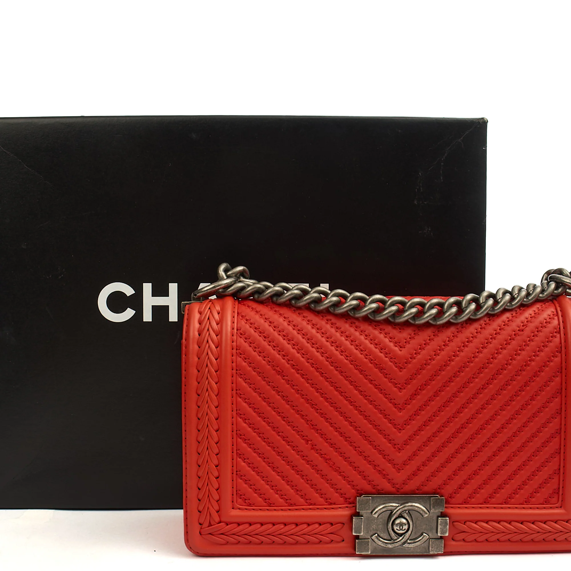 Picture of Chanel Cross Body Boy - Medium in Red, Calfskin Leather