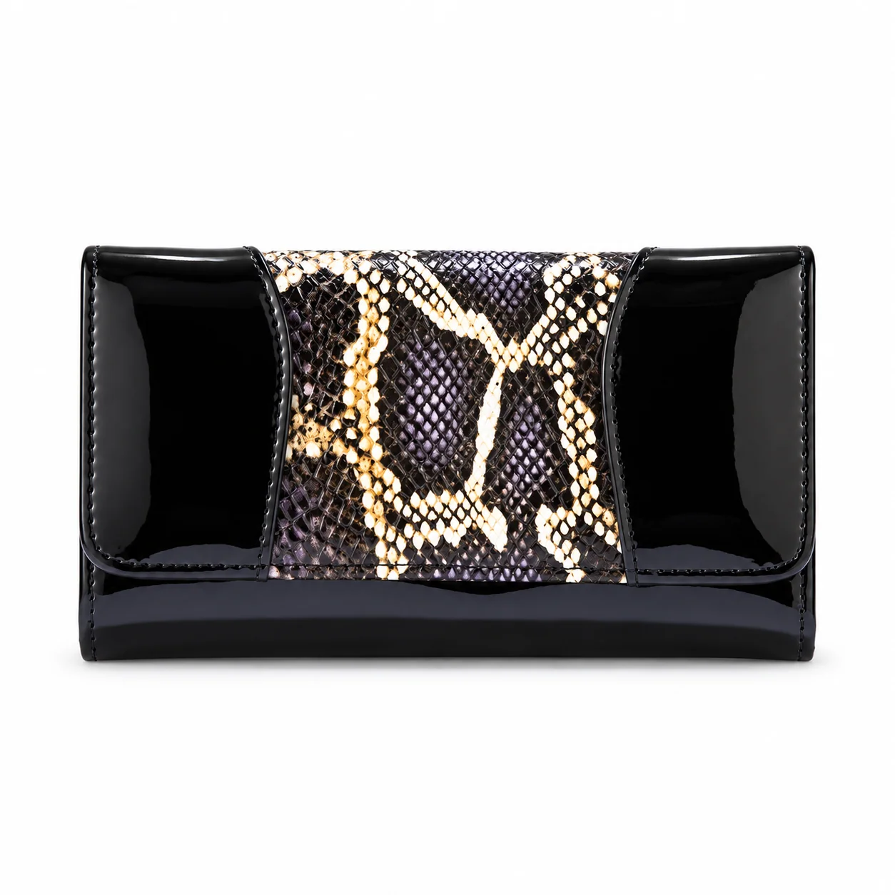 Black Python-Print Enamel Calfskin Medium Wallet WB-502BLK front view