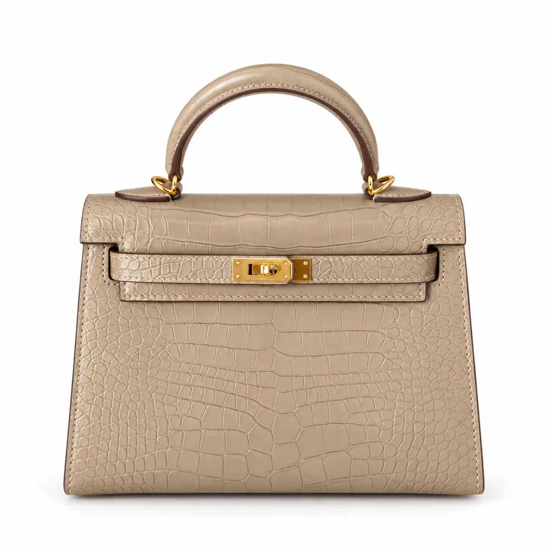 Hermès Kelly 25 Light Brown crocodile-embossed leather front view