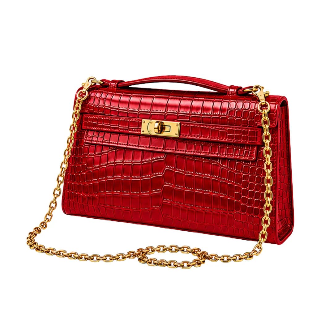Hermès Kelly Pochette Red crocodile-embossed leather front view