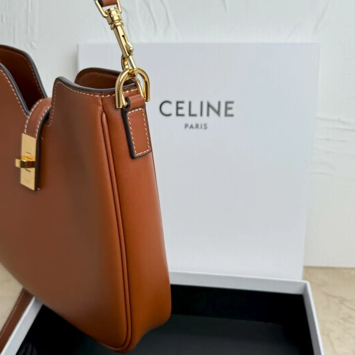 Celine Camille 16 Small Tan Bag side view actual photo