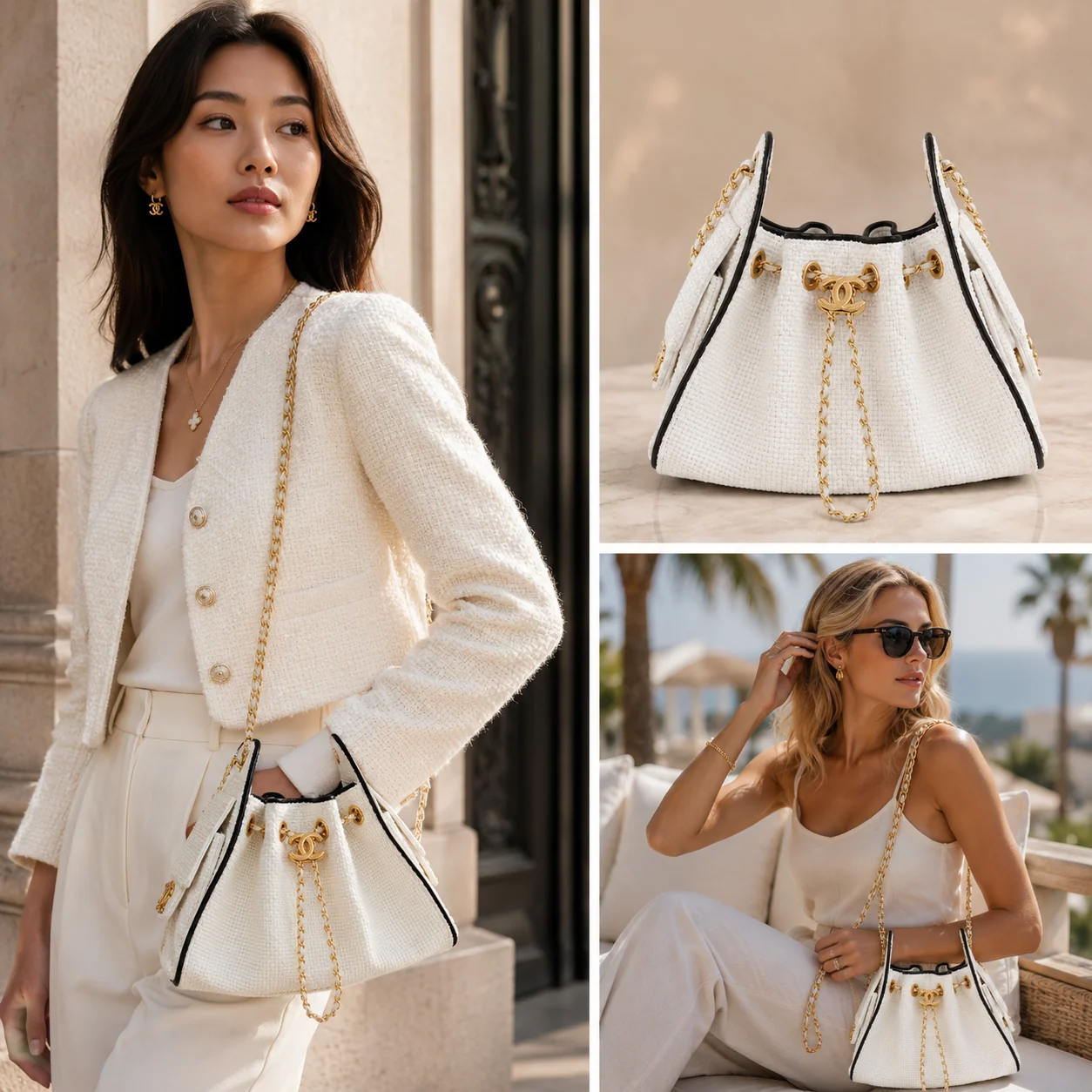 Chanel 25 Small Hobo Cream White braided raffia lifestyle view