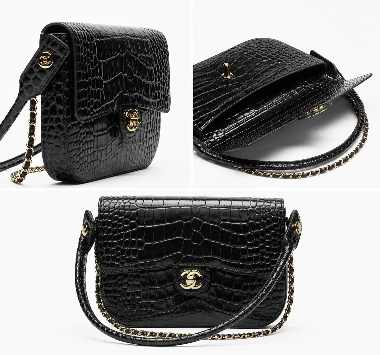 Chanel Large Crocodile-Embossed Clutch in Black
