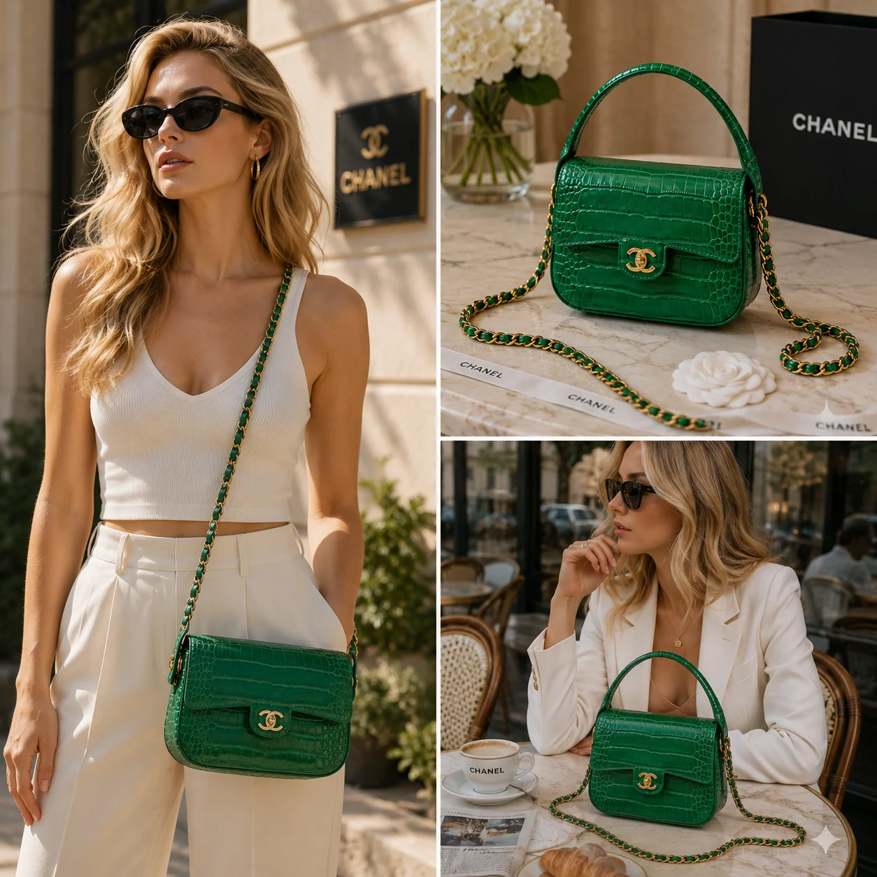 Chanel Large Crocodile-Embossed Clutch in Green