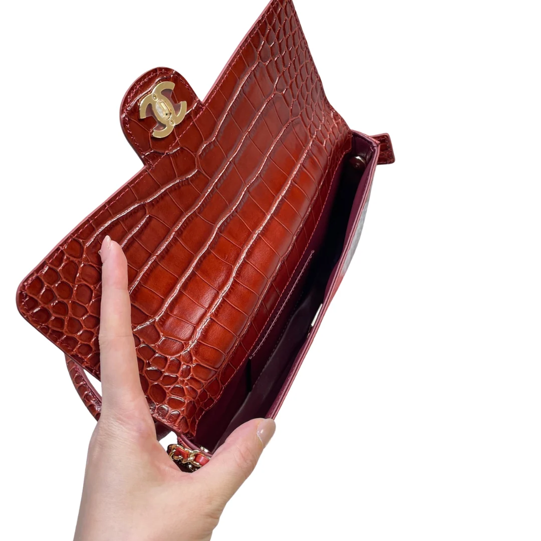 Chanel Large Crocodile-Embossed Clutch in Red