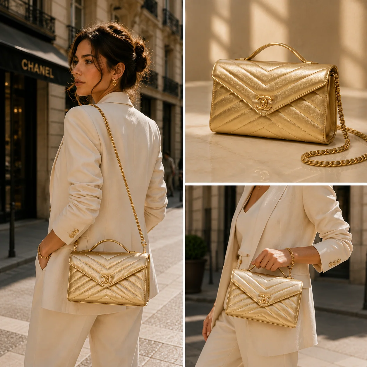 Chanel Chevron Wallet on Chain in Gold