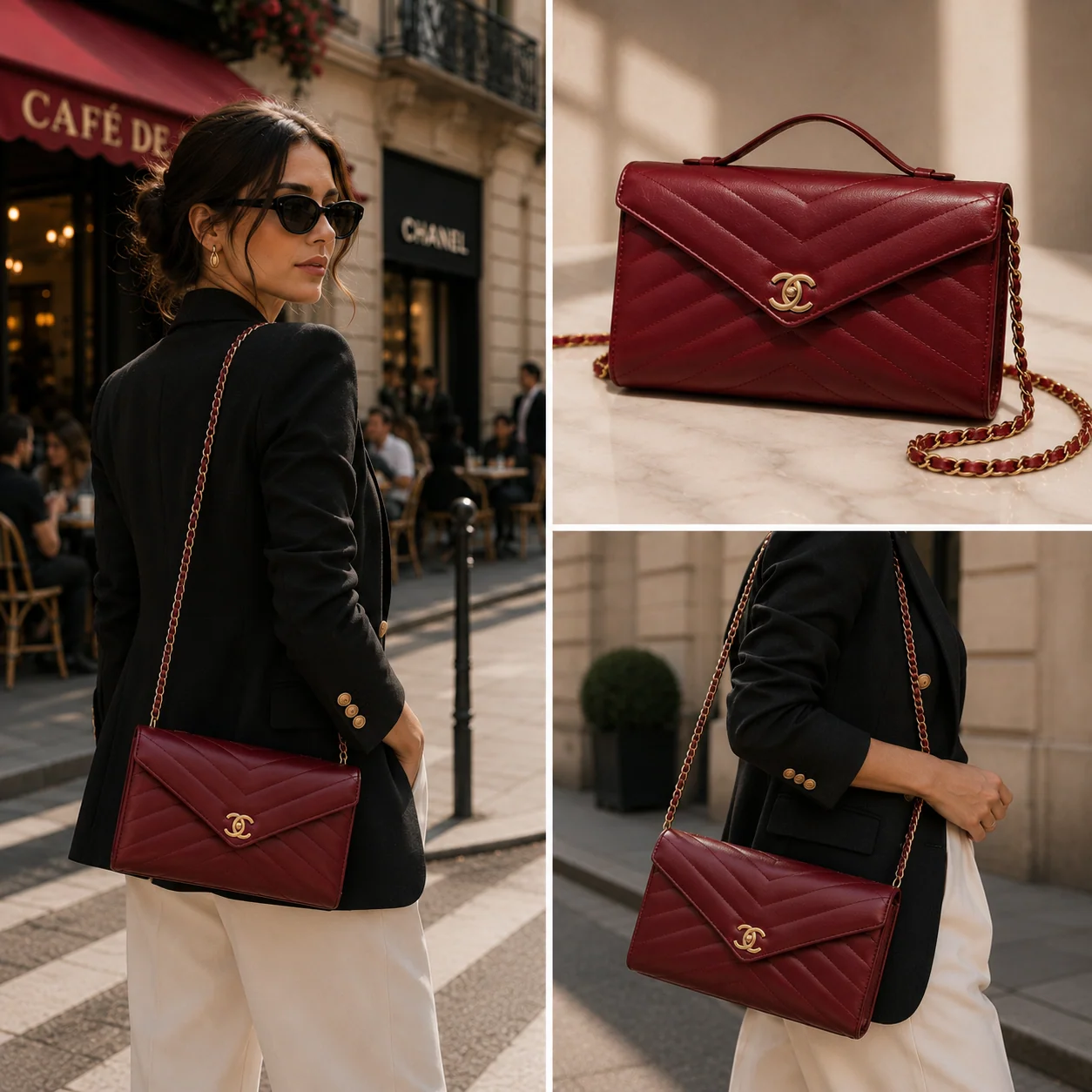 Chanel Chevron Wallet on Chain in Red