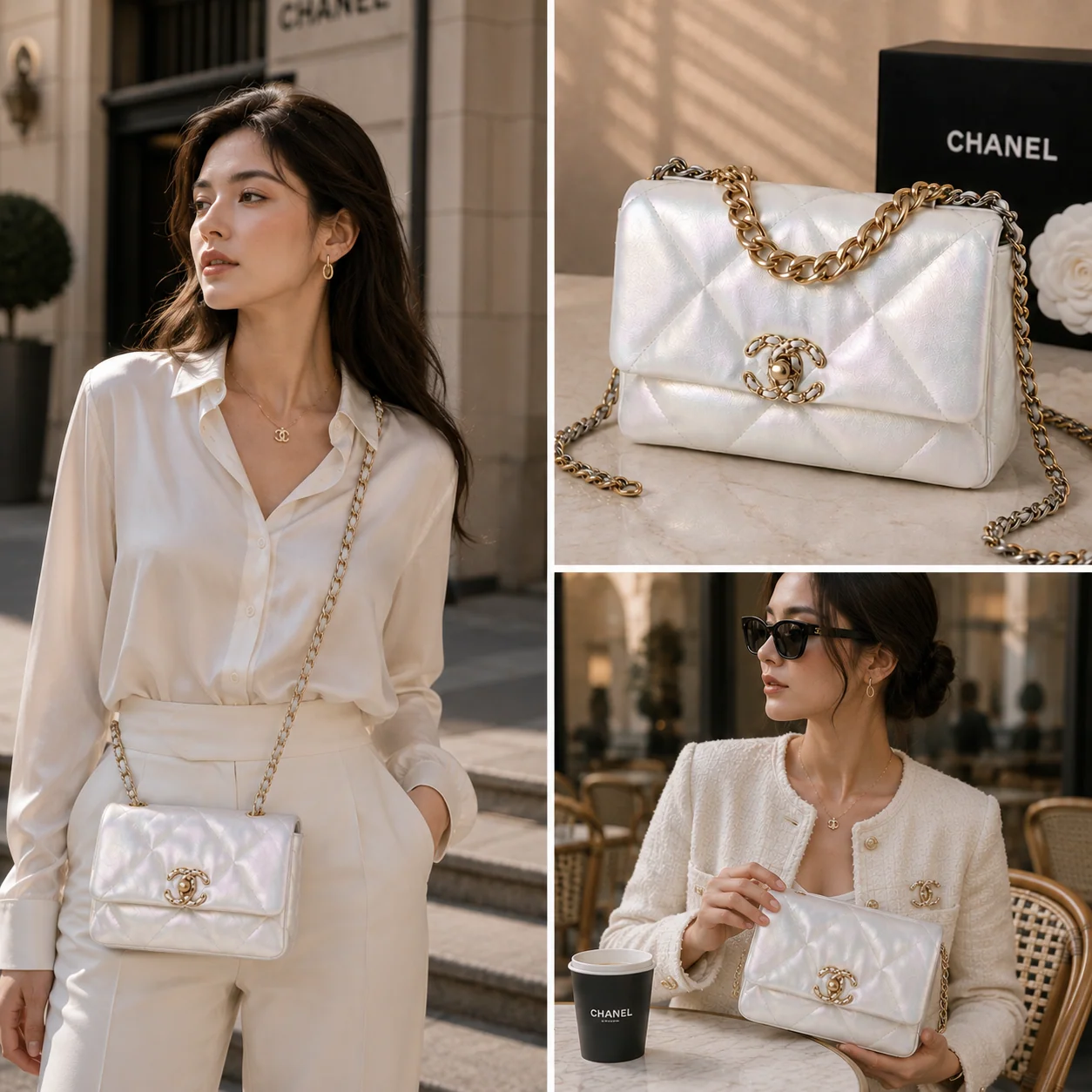 Chanel 19 Medium Bag in White Shiny Goatskin