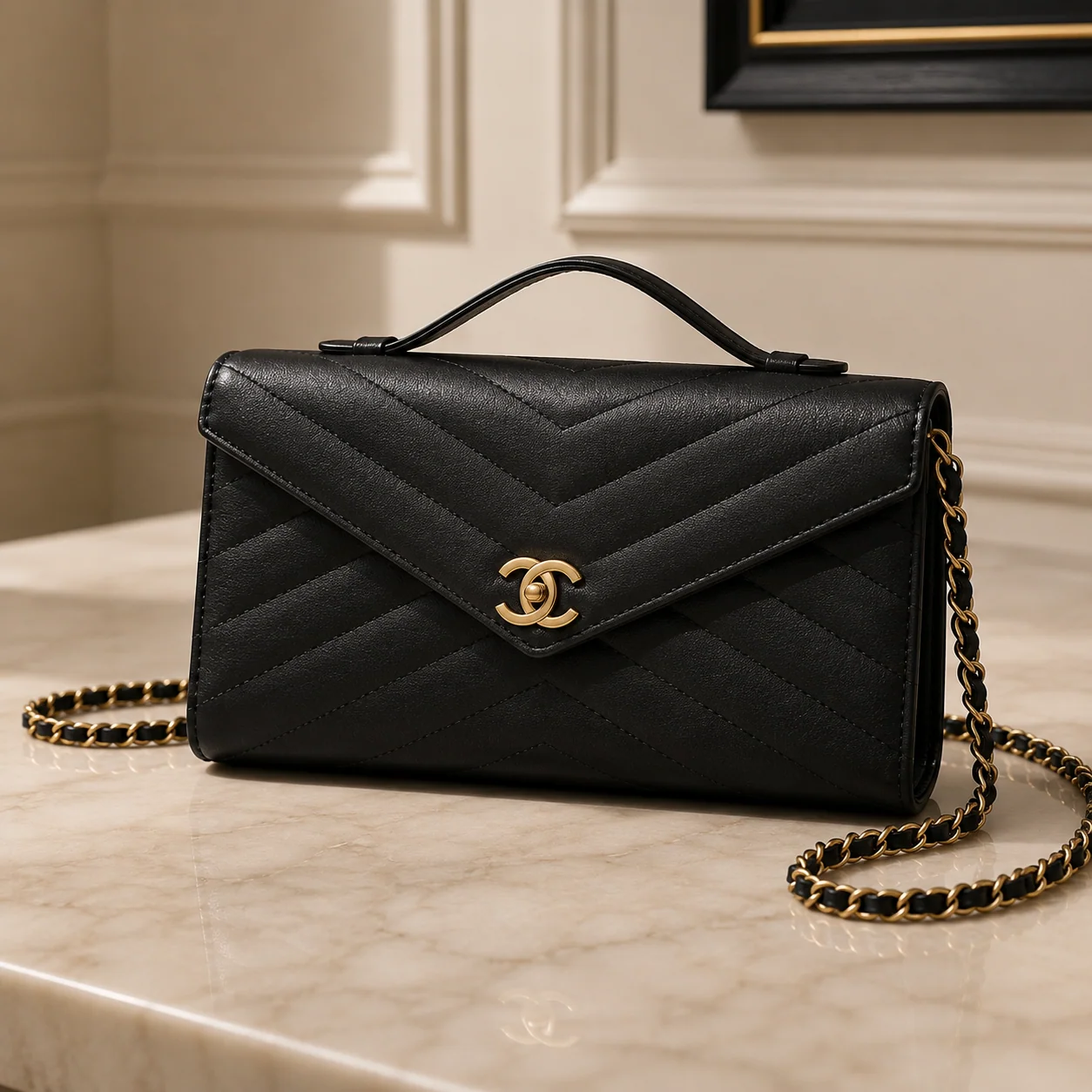 Chanel Chevron Wallet on Chain in Black