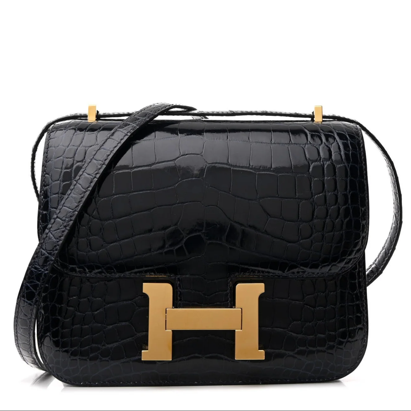 Hermès Constance 18 Black crocodile-embossed leather front view