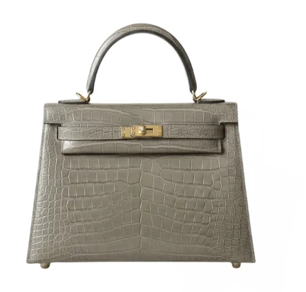 Hermès Kelly 25 Grey crocodile-embossed leather front view