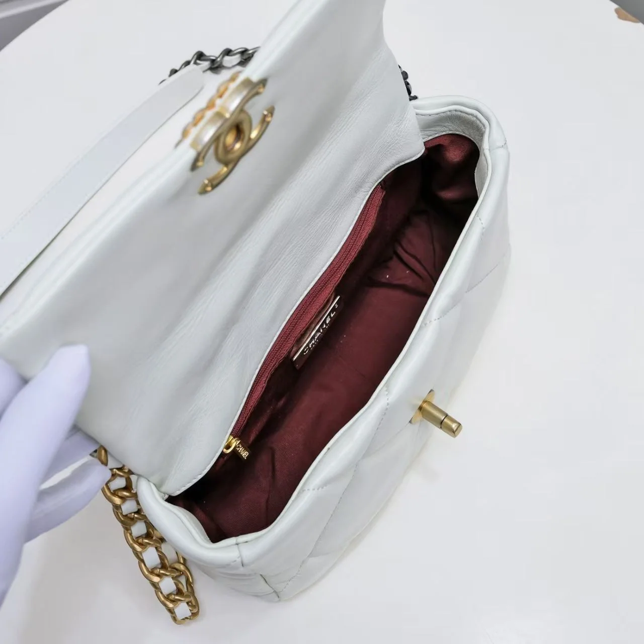 Chanel 19 Medium Bag in White Shiny Goatskin