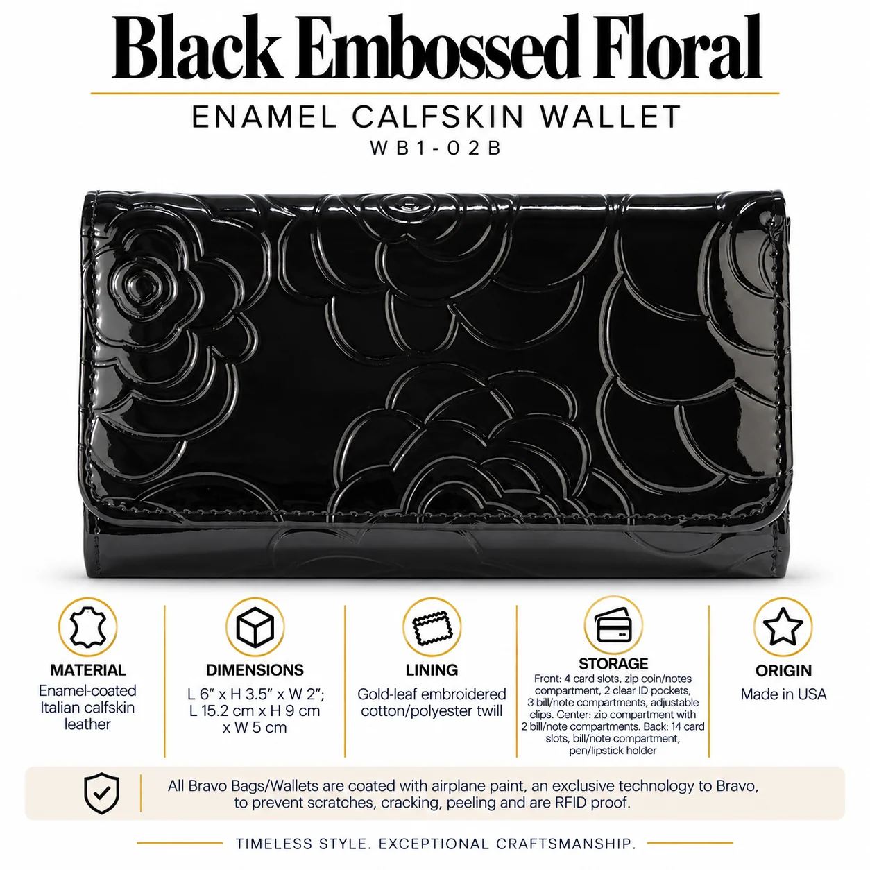 Black Embossed Floral Enamel Calfskin Medium Wallet WB1-02B