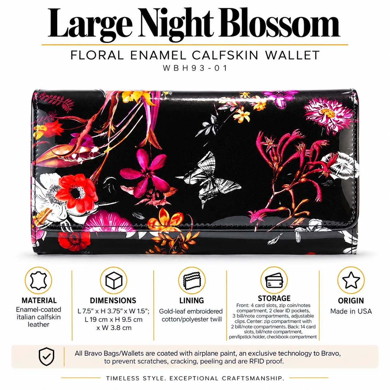Large Night Blossom Floral Enamel Calfskin Wallet WBH93-01
