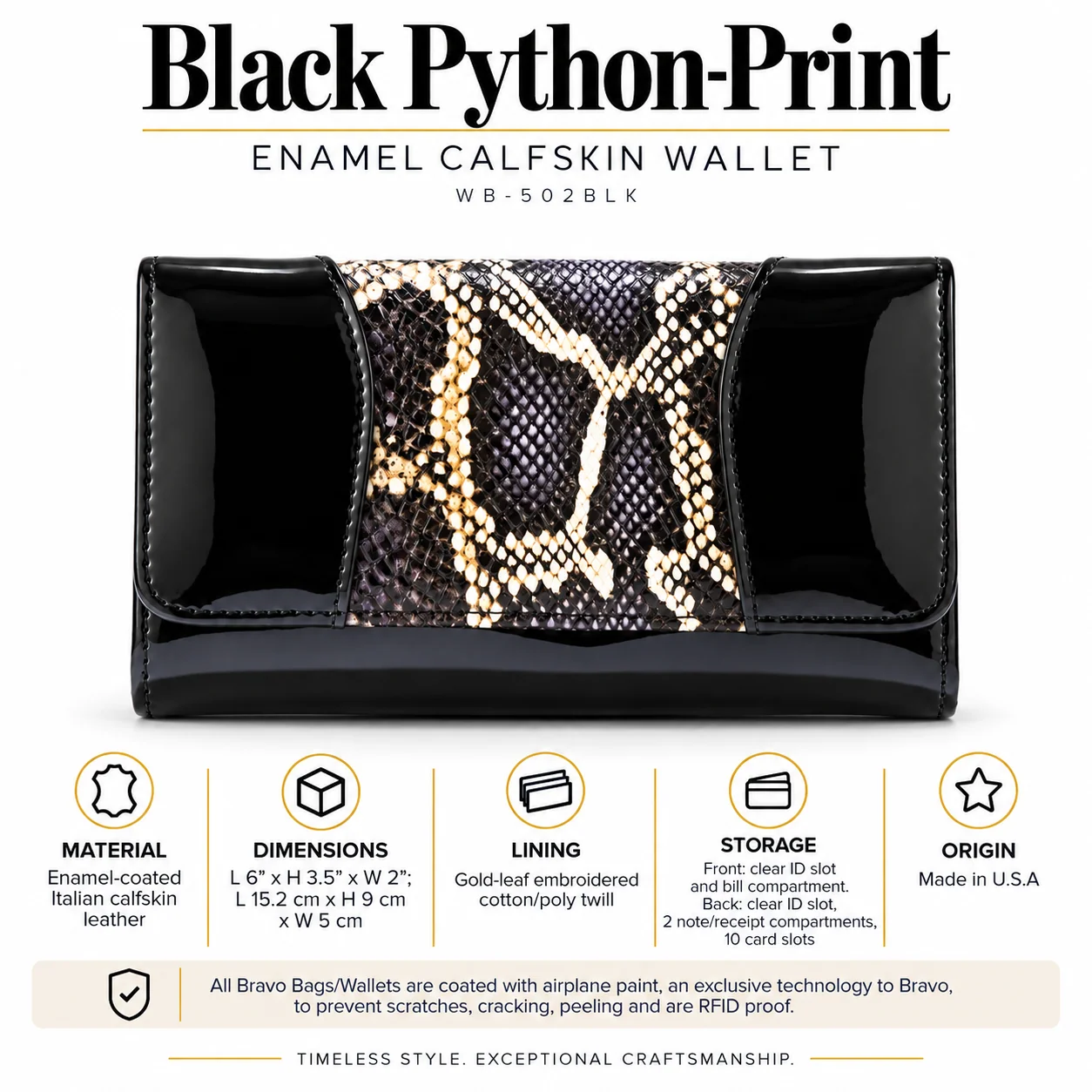 Black Python-Print Enamel Calfskin Medium Wallet WB-502BLK