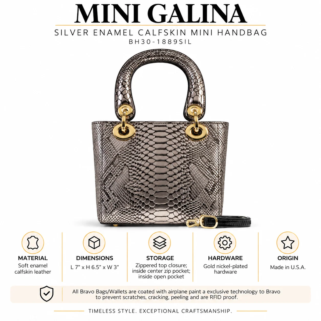 Mini Galina Silver Enamel Calfskin Mini Handbag BH30-1889SIL