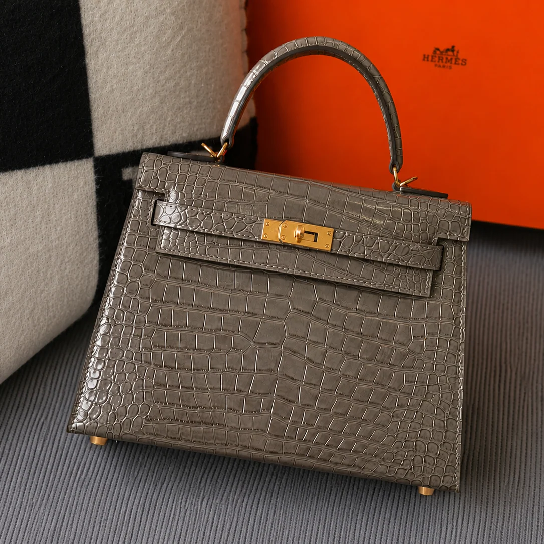Hermès Kelly 25 Grey crocodile-embossed leather front view 2