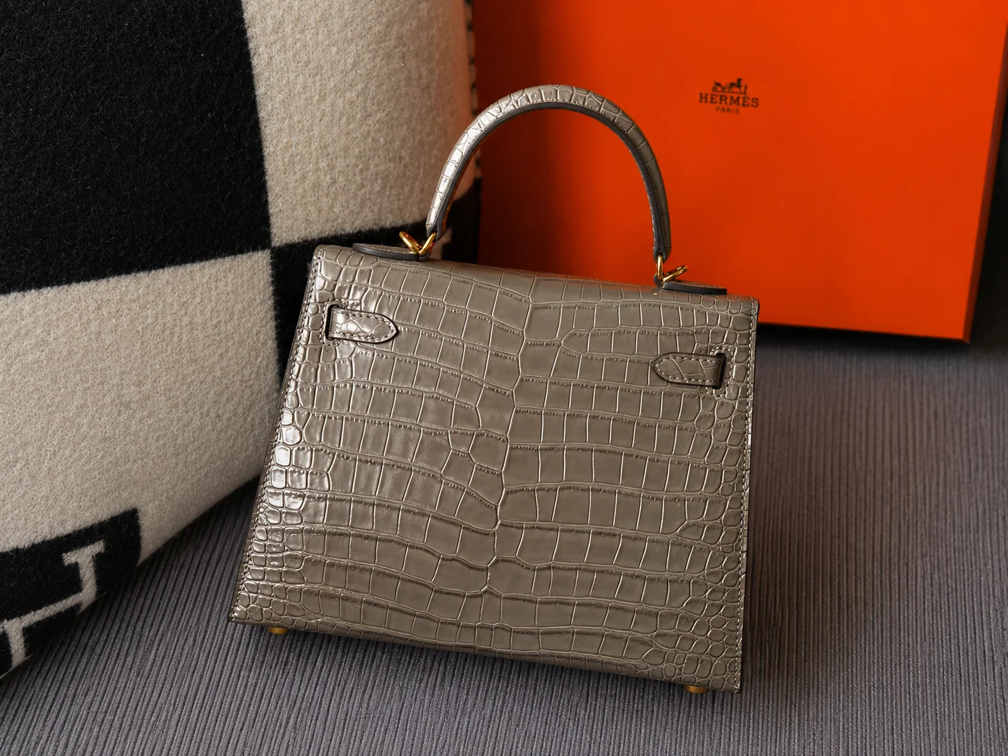 Hermès Kelly 25 Grey crocodile-embossed leather back view