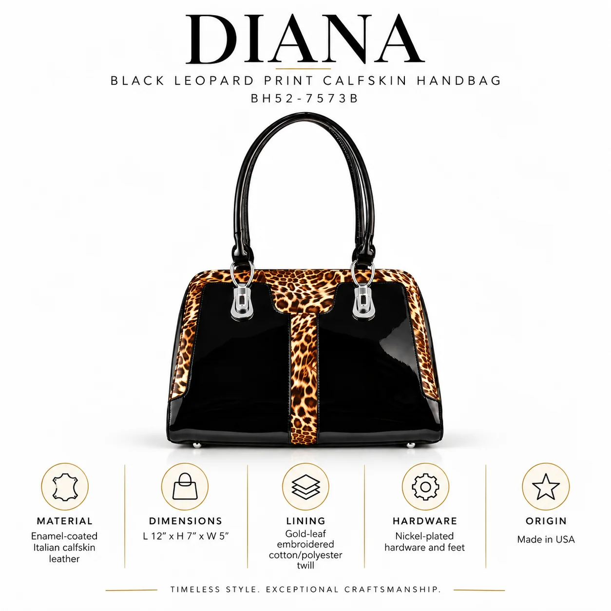 Diana Black Leopard Print Calfskin Handbag BH52-7573B