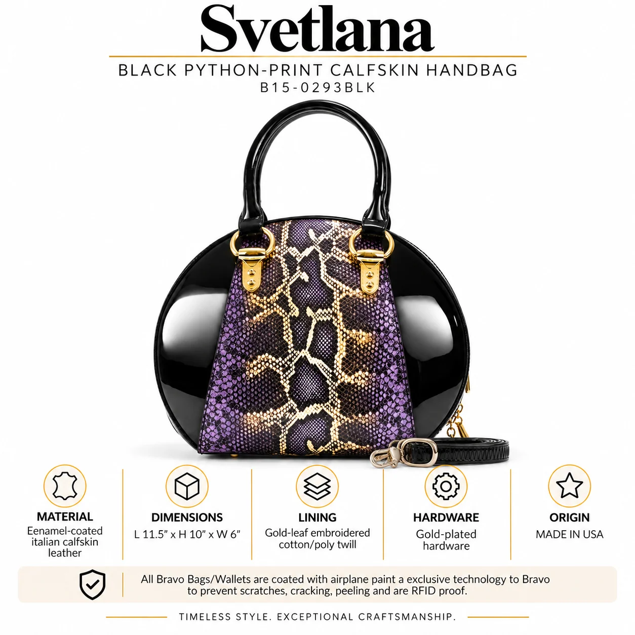 Svetlana Black Python-Print Calfskin Handbag B15-0293BLK infographics