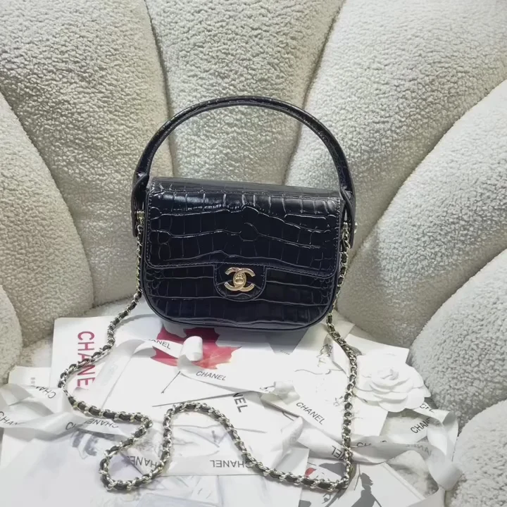 Chanel Mini Flap Bag With Top Handle Crocodile  Embossed Leather in Black AS6424 - Pre-Owned Authentic