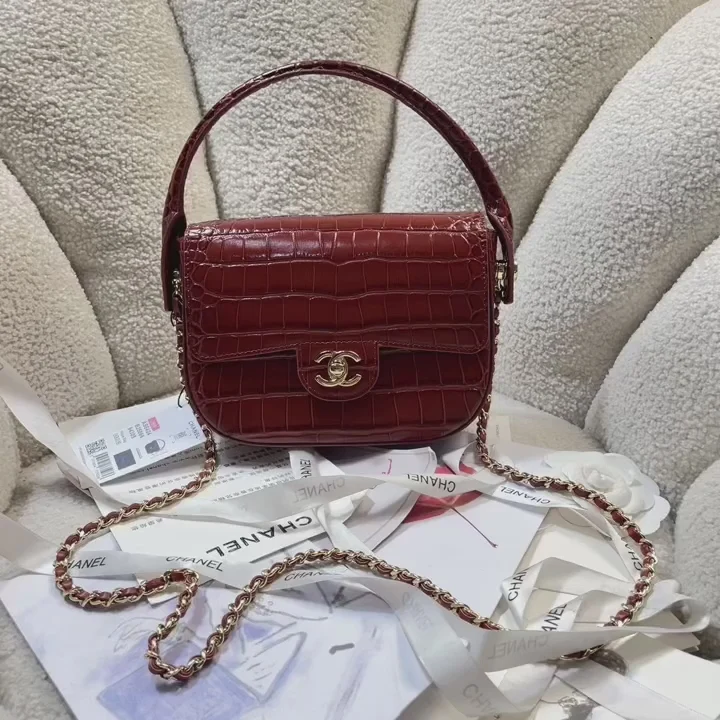 hanel Mini Flap Bag With Top Handle Crocodile-Embossed Calfskin Red – Pre-Owned Authentic