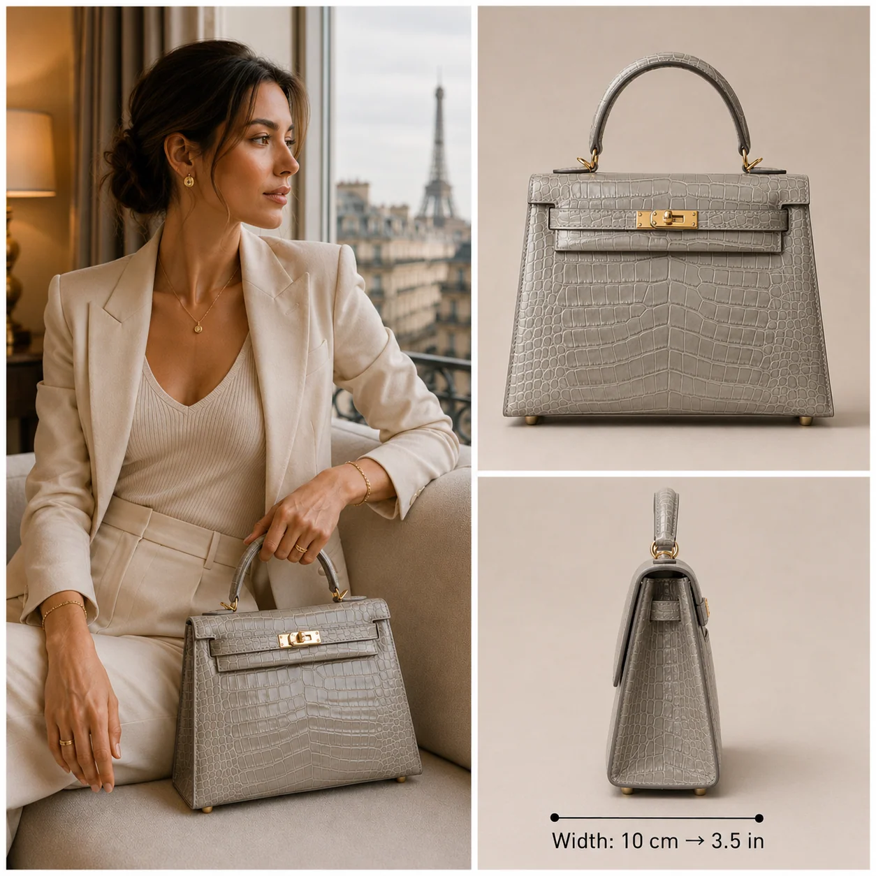 Hermès Kelly 25 Grey crocodile-embossed leather lifestyle