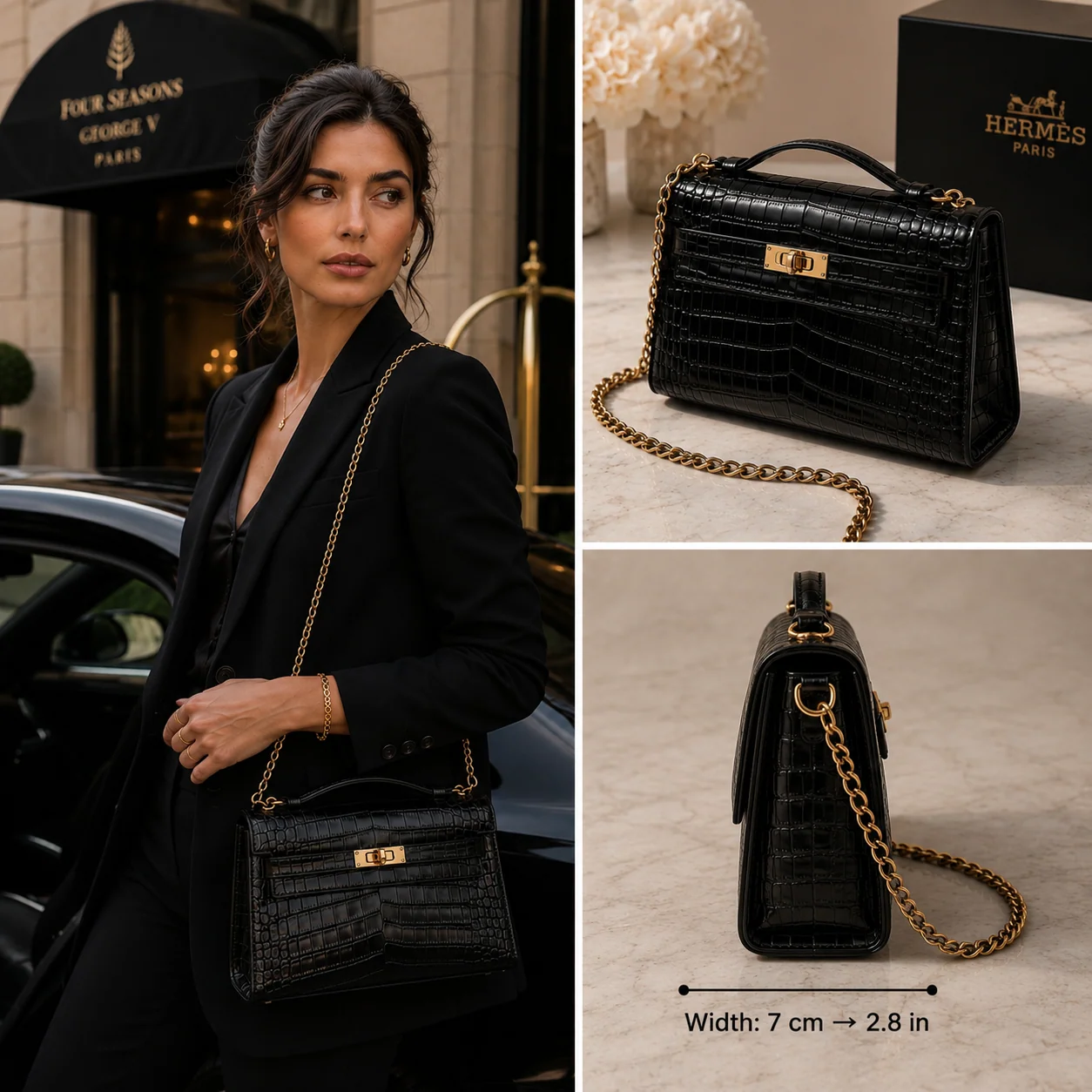 Hermès Kelly Pochette Black crocodile-embossed leather 