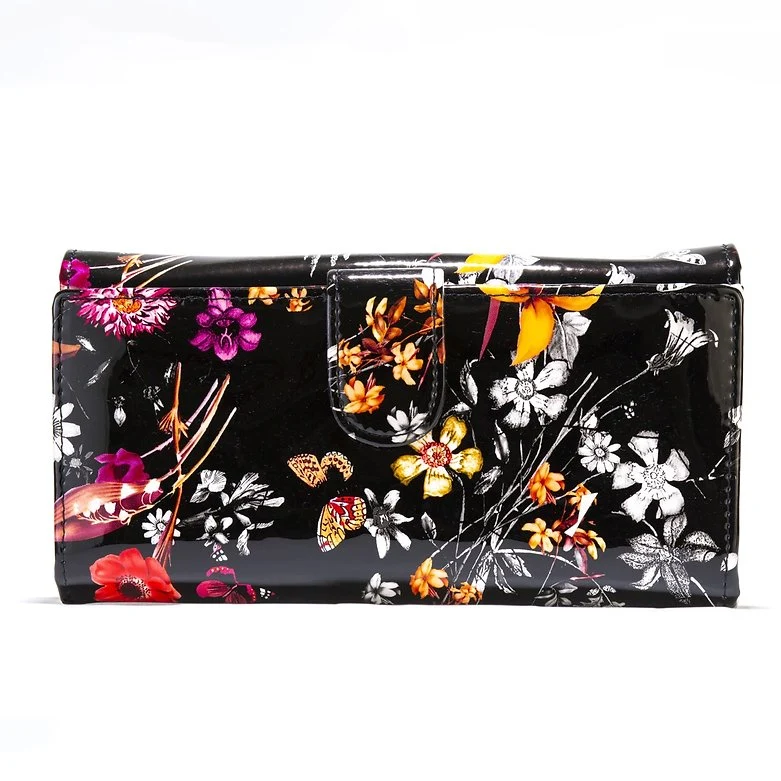Large Night Blossom Floral Enamel Calfskin Wallet WBH93-01 front view 2