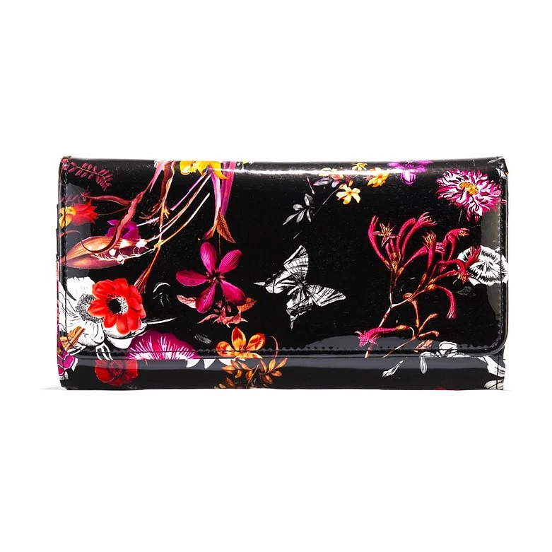 Large Night Blossom Floral Enamel Calfskin Wallet WBH93-01 front view