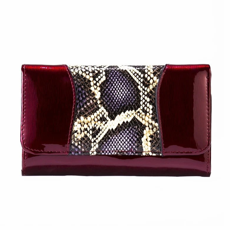 Burgundy Python-Print Enamel Calfskin Medium Wallet WB-502BURG front view