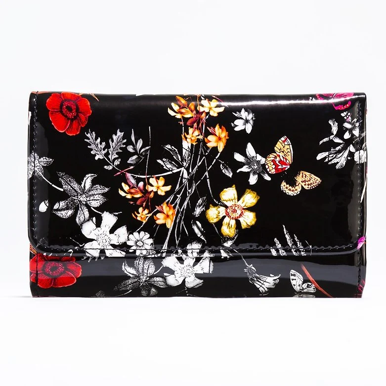 Medium Night Blossom Floral Enamel Calfskin Wallet WBH93-02 front view
