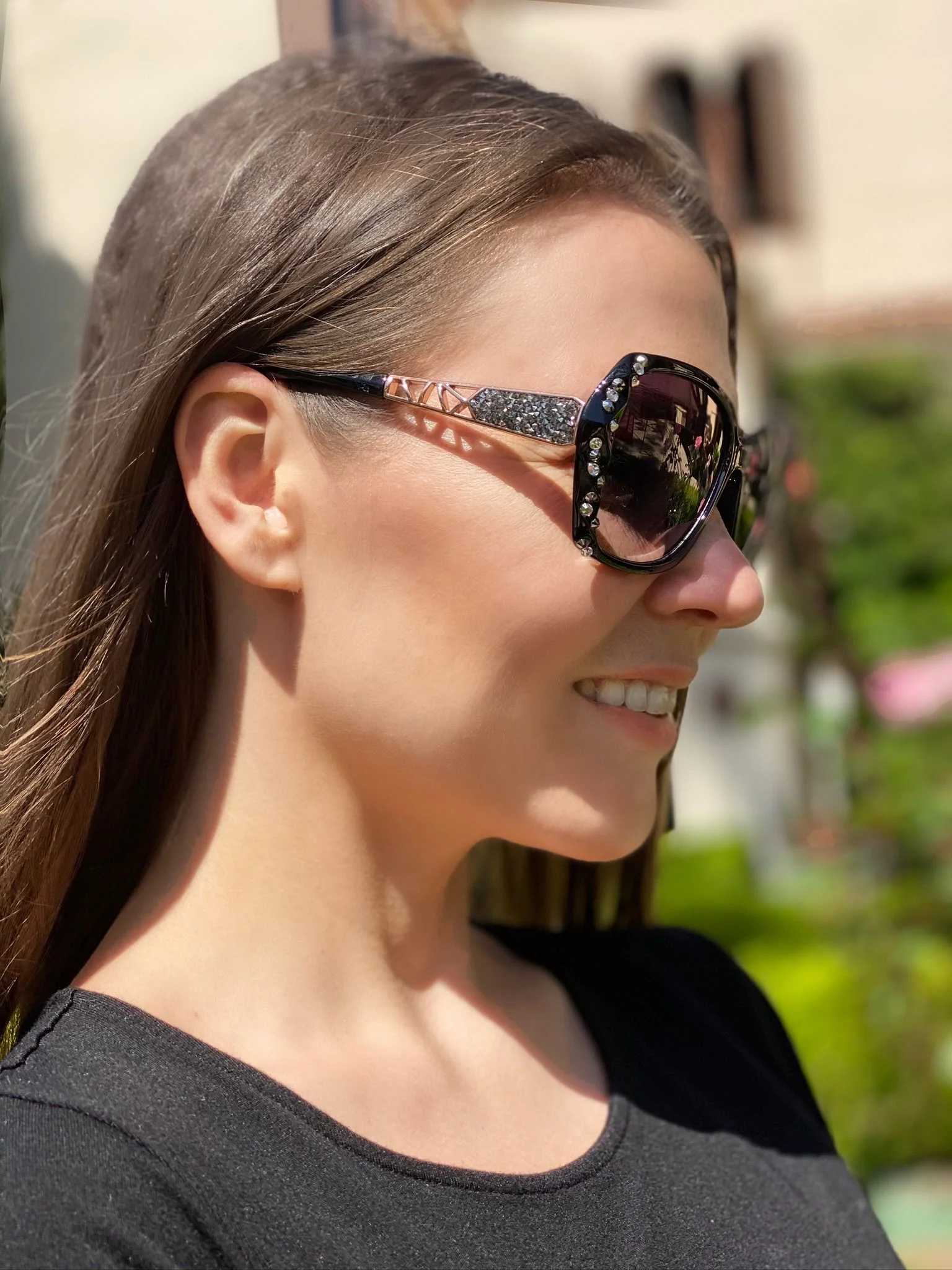 Leah S Black Crystal Cross-Arm Sunglasses (LE192002 BL-G)