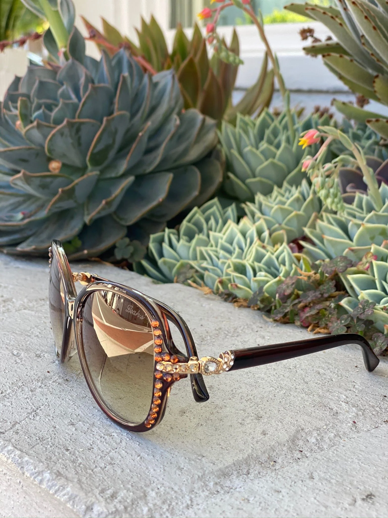 Leah S Brown Crystal Gold-Arm Sunglasses (LE192006 BR-B)